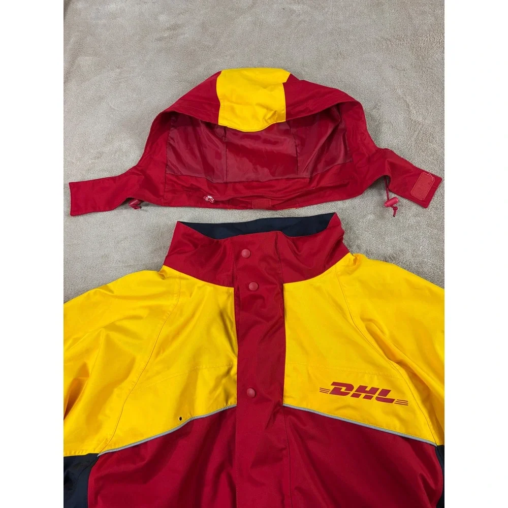Vintage DHL‎ Service Wind Jacket Men M Red Yellow Mesh Lined Hood Activewear EUC